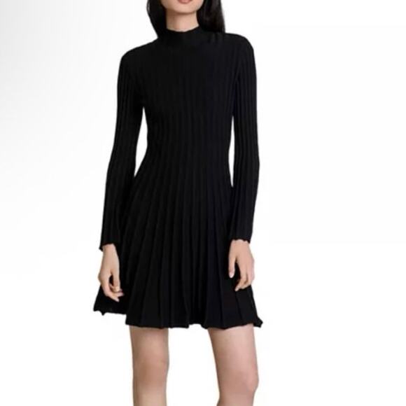 Maje Raffie Ribbed Flared Dress black bell sleeve size 36 - Picture 1 of 8